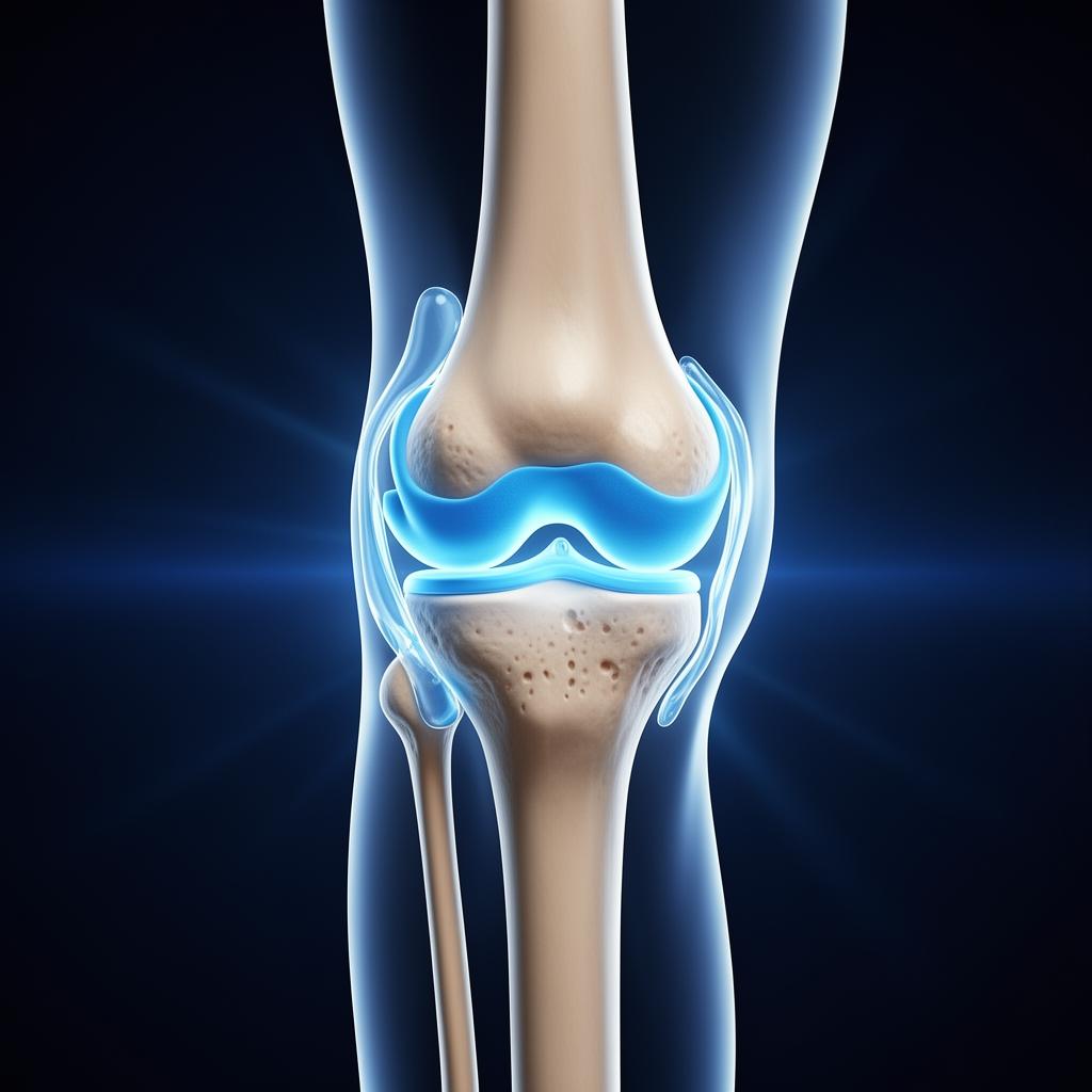 Healthy knee joint anatomy showing cartilage and synovial fluid